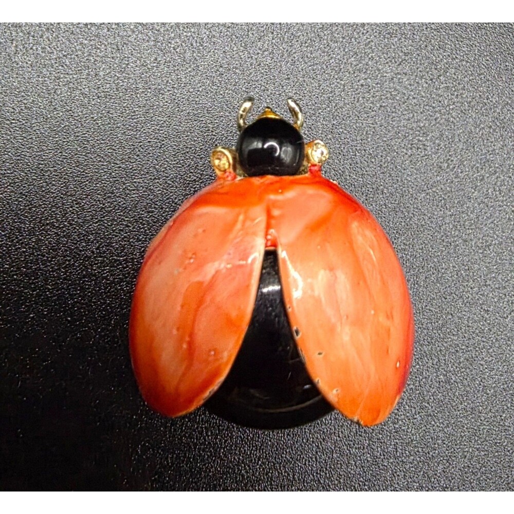 Vintage Red Black Ladybug Brooch Gold Tone Enamel Rhinestone Petite Pin
